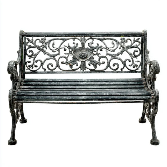 Ławka ogrodowa, Żelazny ławka ogrodowa czarny szary 2-fotel z ozdobą oparcie 122 x 56 x 87 cm